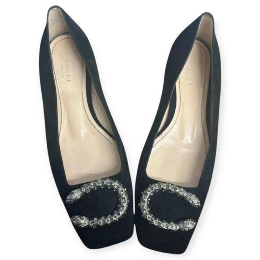Gucci Dionysus Black Suede Embellished Square Toe Flats - Picture 2 of 4